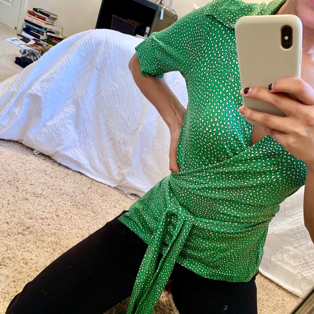 DVF Vintage green and white hearts wrap blouse